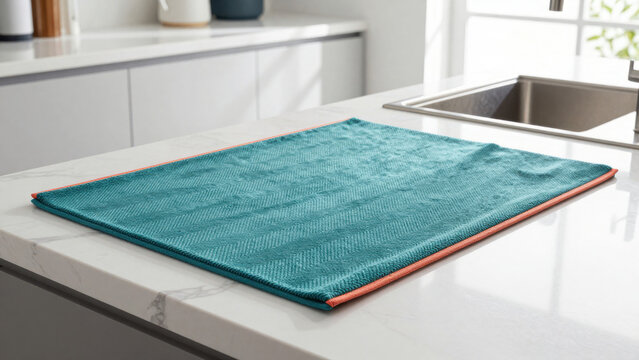 A stylish, textured dish drying mat in shades of teal and coral rests on a white countertop. It features a woven pattern and appears absorbent, designed for efficient kitchenware drying.