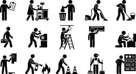 Obraz premium Set of icons representing various professions, maintenance workers, janitors, technicians, and manual labor tasks