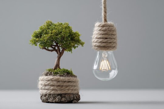 Rustic rope-wrapped tree and glowing Edison bulb on a grey background. Represents new ideas for environmental protection and sustainable living.