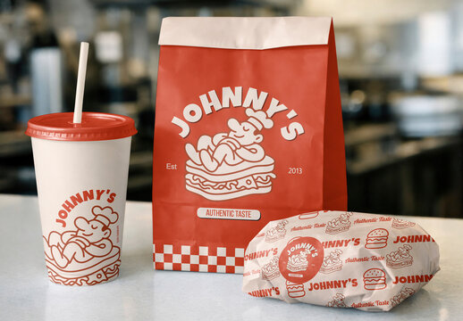 Food Packaging Mockup PSD With Branded Cup, Bag, And Wrapped Sandwich