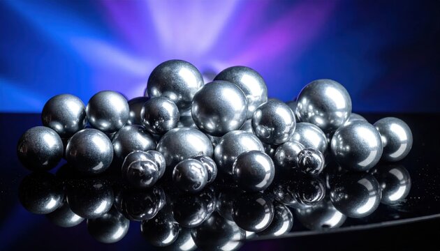 Collection of Polished Metal Spheres on a Reflective Surface with Dramatic Lighting