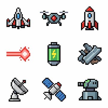 Spaceships Set with Pixel Art Style, Including a Rocket, Drone, Satellite, and Battery Icon. Retro Gaming Design Elements.
