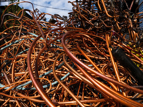 Scrap copper pipes at a recycling center