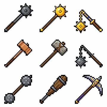 Spiky Mace and Flail Weapons Set in Metallic Gold and Silver Vector Illustration with Sharp Spikes and Medieval Combat Design Elements