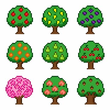 Trees in Pixel Art Style with Colorful Autumn and Spring Foliage Variations, Isolated Vector Icons for Nature, Gaming, or Seasonal Design Elements