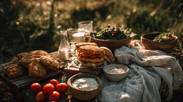 A rustic outdoor seafood picnic with salmon burgers, dipping sauces, and linen textures arranged naturally under filtered sunlight