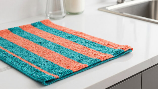 A textured, colorful dish drying mat rests on a white countertop. The mat features a pattern of blue and orange stripes. It's designed to absorb moisture and protect surfaces.