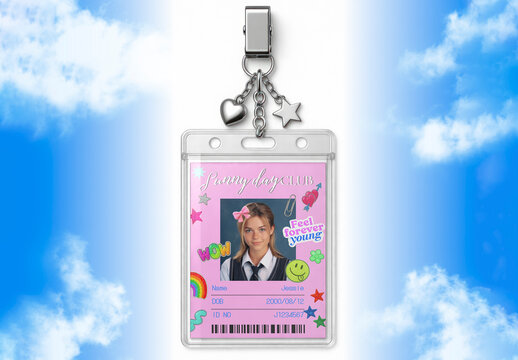 ID Badge Mockup PSD With A Young Girl On A Colorful, Playful Design