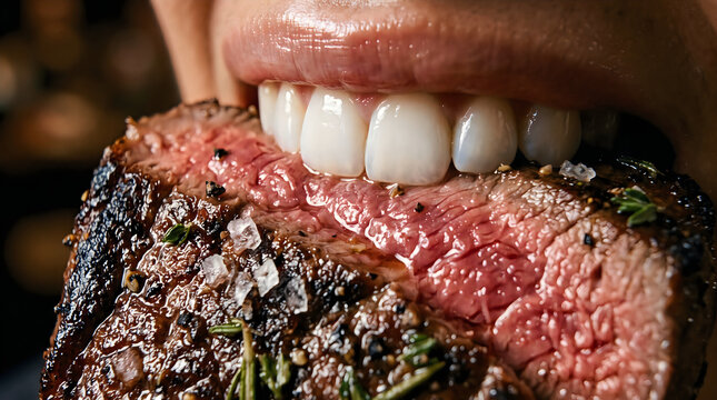 Person Biting into Juicy Medium Rare Grilled Beef Steak Close Up