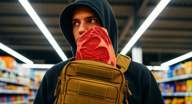 Man in hoodie hiding raw steak in tactical bag inside supermarket. Suspicious shoplifter glancing around while stealing expensive meat. Retail crime and food insecurity concept for security news.