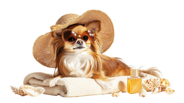 Cute chihuahua dog in a straw hat and sunglasses on a beach towel among seashells on a transparent background.