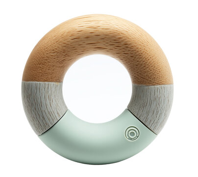 Modern eco-friendly wooden and silicone baby rattle on a transparent background.