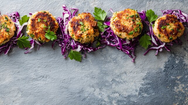 A top-down flat lay of salmon burgers with crunchy cabbage slaw arranged along the lower edge of a textured limestone surface with expansive clean copy space above under warm natural daylight