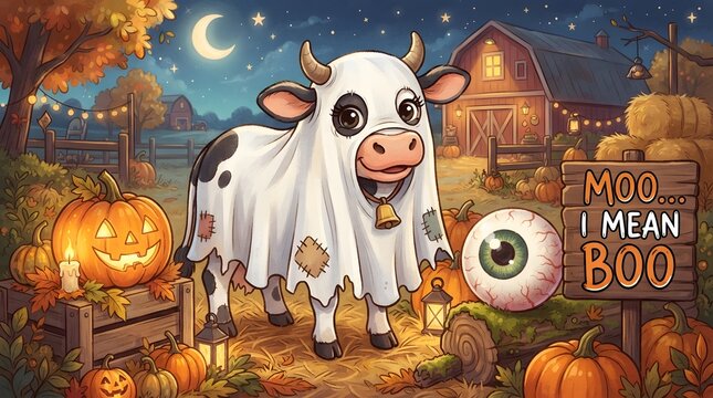 Cute cow in ghost costume at halloween farm