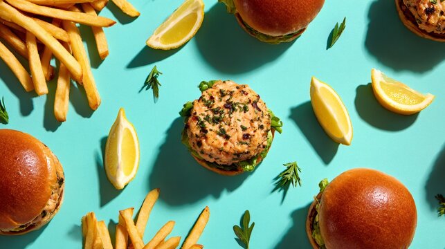 A vibrant seafood burger composition with salmon burgers, fries, lemon wedges, and herbs scattered diagonally across a pastel turquoise background with crisp shadows