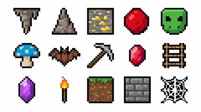 Pixelated Icons Set on a Retro Game Interface with Colorful Fantasy Symbols, Items, Power-Ups, and Decorative Ui Elements for Gaming Concept Design