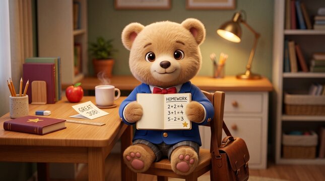 Bear Character Excited Child New Desk 3d rendering of an anthropomorphic animal sitting in a classroom doing homework for kids educational materials apps