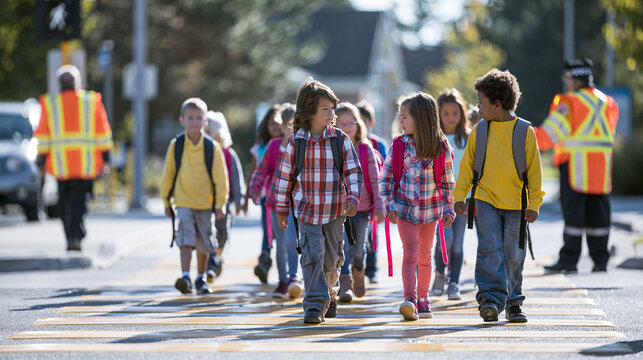 Diverse elementary students walking to school. Children crossing street with crossing guard.
