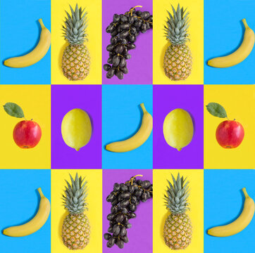 Collage of berry and fruit on a colored background. Pattern.