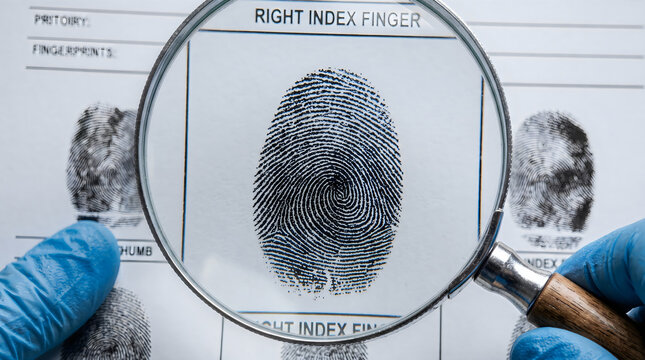 Forensic investigator examining fingerprint with magnifying glass