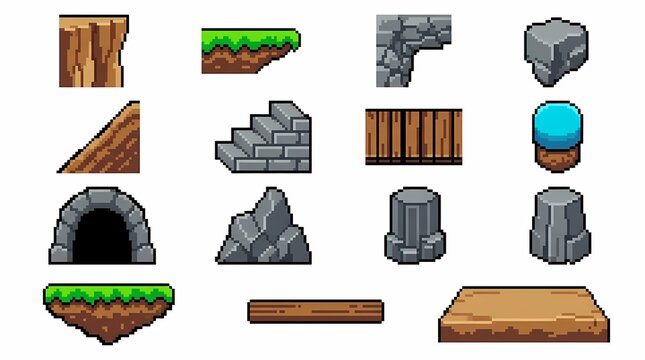 Pixel art fantasy game terrain and structure tiles isolated on white background