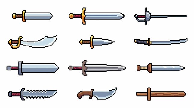 Set of pixel medieval swords, daggers, sabers, and fantasy weapons isolated on white background