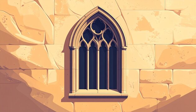 Gothic arched window in old stone wall.