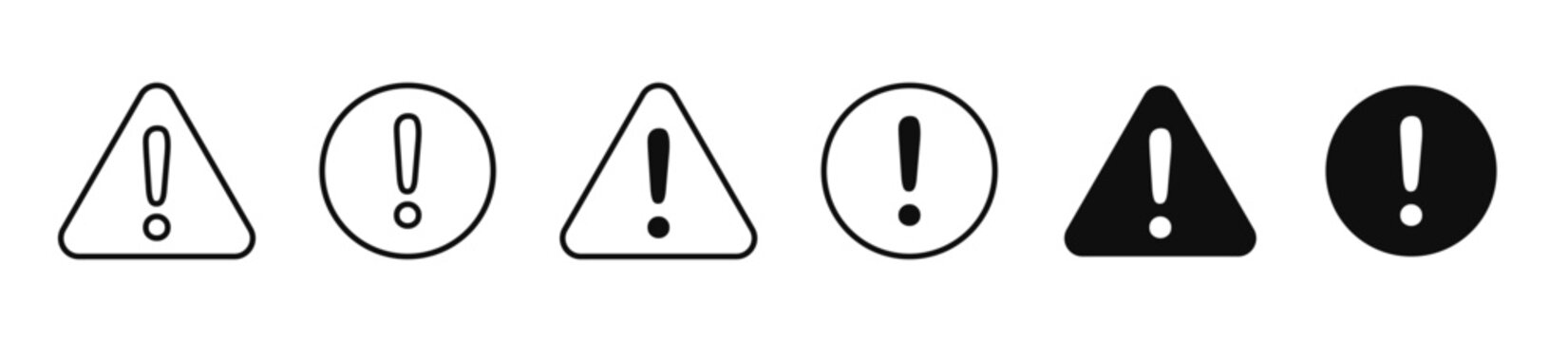 Warning alert triangle and circle icon set in outline and filled styles. Alert and caution symbols with danger, error and safety sings. Exclamation mark. Important notice. Vector illustration