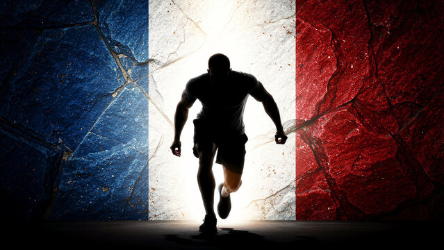 Silhouette of powerful male athlete sprinting forward. Dramatic lighting highlights runner against textured French flag wall. National sports theme, ideal for competition and athletic marketing.