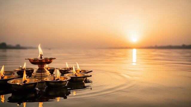 Burning oil lamps floating on river water during Chhath Puja sunrise