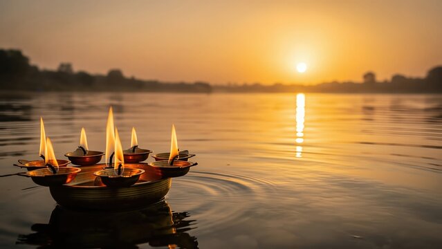 Chhath Puja burning oil lamps floating on holy river water at serene sunrise