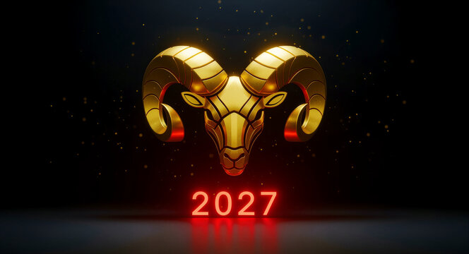 Golden ram head above glowing red 2027 numerals. Chinese zodiac sign for Year of the Goat on dark background. New Year theme ideal for calendars and greeting cards.