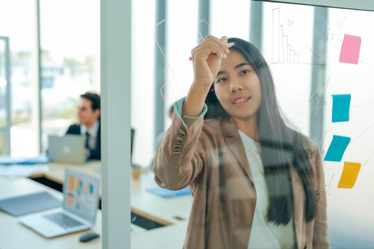 Businesswoman developing project ideas on a glass whiteboard while colleagues observe and contribute. Modern office collaboration focused on strategic planning, communication and problem solving.