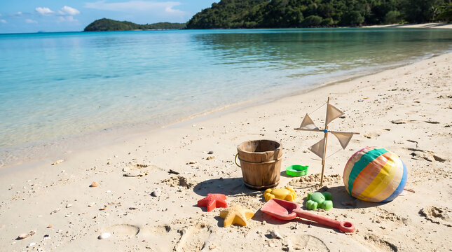 Sunny tropical beach with colorful toys on sand, perfect for summer fun and holiday advertising, featuring clear copy space.