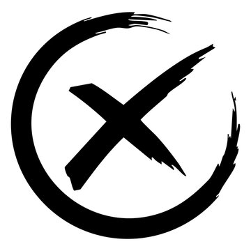 Artistic brush stroke circle with a bold cross mark isolated on a white background. Suitable for error notifications, rejection concepts, quality control, and design elements.