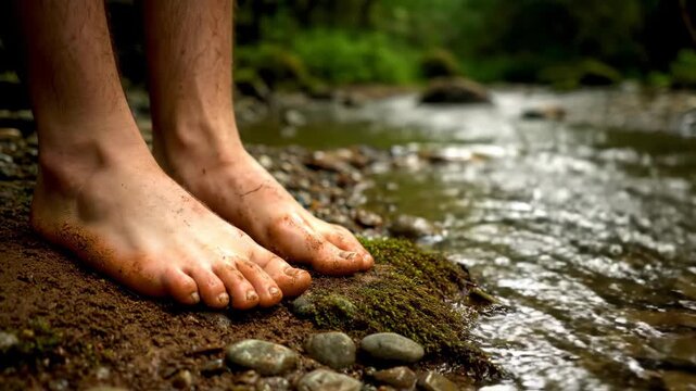 Bare feet on mossy riverbank by clear flowing stream