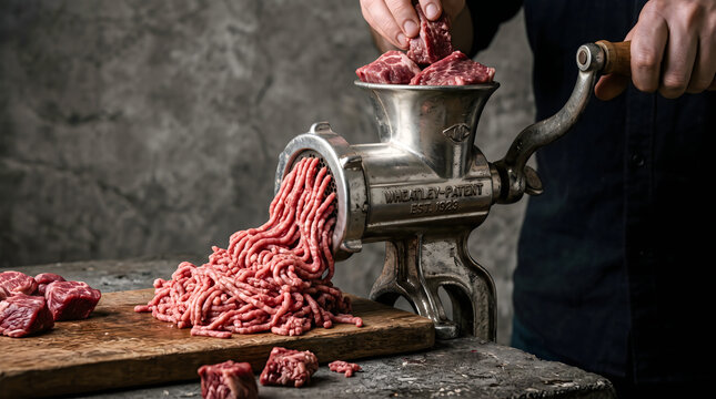 Man Grinding Fresh Raw Beef with Vintage Manual Meat Grinder