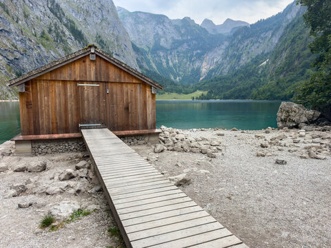 Fisherman's Boathouse by a Mountain Lake with Watzmann in the Berchtesgaden Alps, Bavaria, Germany