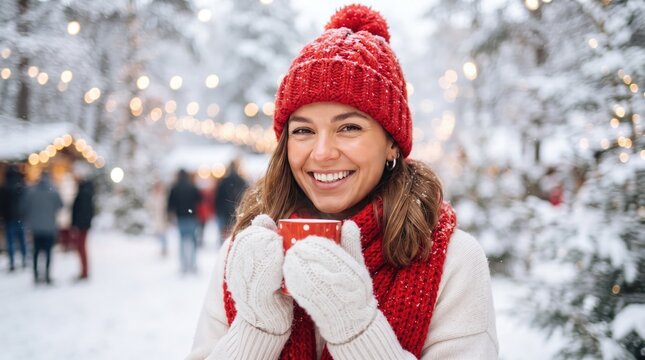 A smiling young woman wearing a red hat and scarf holding a warm drink at a snowy winter market