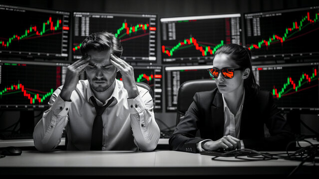 Stressed male trader and focused colleague sit before multiple stock market screens. Bearish red graphs dominate the dark room. Economic crisis concept for finance news and investment risk.