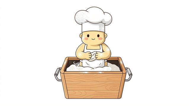 Cute cartoon baby chef sitting in a wooden box with flour. Little baker character wearing a tall white hat and apron while kneading dough. Ideal mascot for bakery logos and culinary branding.