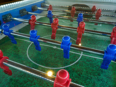 Close-up detail of a foosball table