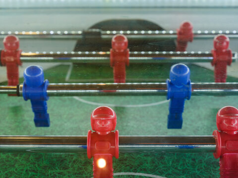 Close-up detail of a foosball table