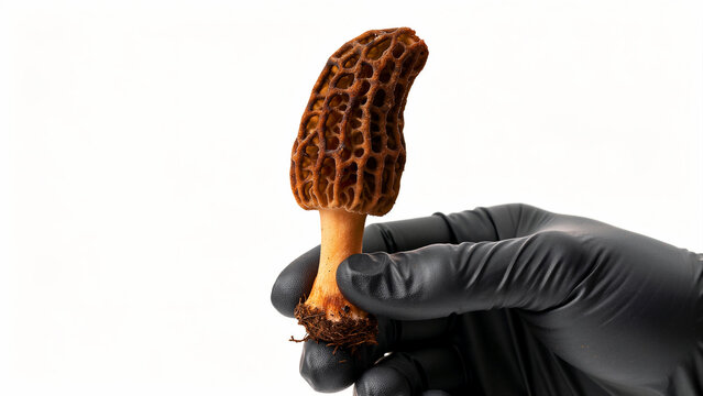 Hand in black glove holding a fresh morel mushroom. Gourmet wild fungus held against a clean white background. Culinary excellence concept, perfect for food blogs or organic cooking ads.