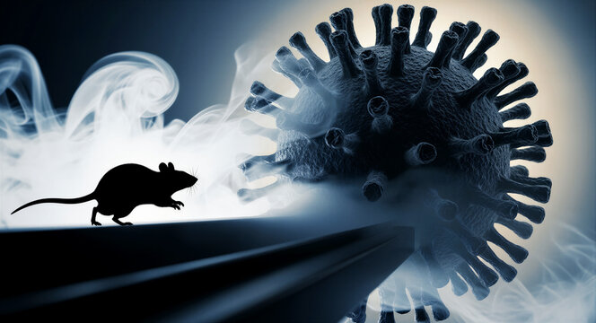 Silhouette of a rat running past a giant virus molecule in a misty environment. Pest rodent and microscopic pathogen representation. Concept of zoonotic disease transmission and health risks.