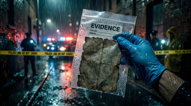 Investigator holding evidence bag at rainy night crime scene