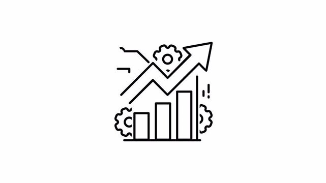 Business growth and optimization line icon featuring a rising bar chart, arrow, and gear wheels