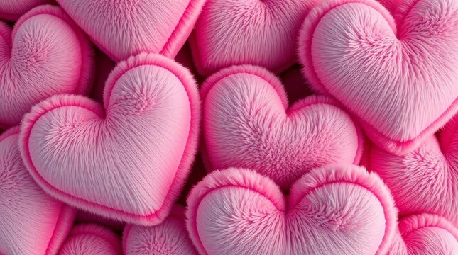 Full frame 3D background pattern of fluffy soft pink plush heart pillows