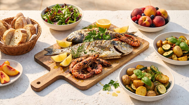 Festive summer outdoor dining with grilled seafood and fresh dishes, perfect for advertising and featuring ample copy space.