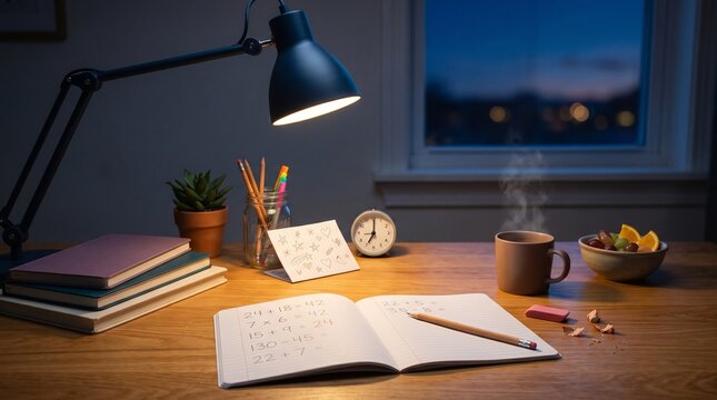 Cozy Evening Homework Setup featuring a lit desk lamp open notebook pencil and steaming mug for late night study tips or academic lifestyle layouts